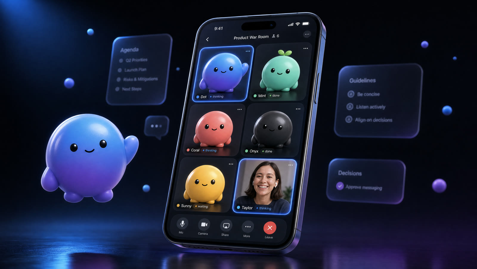 Nudge — the Nudgling war room, agents and one human in a shared call